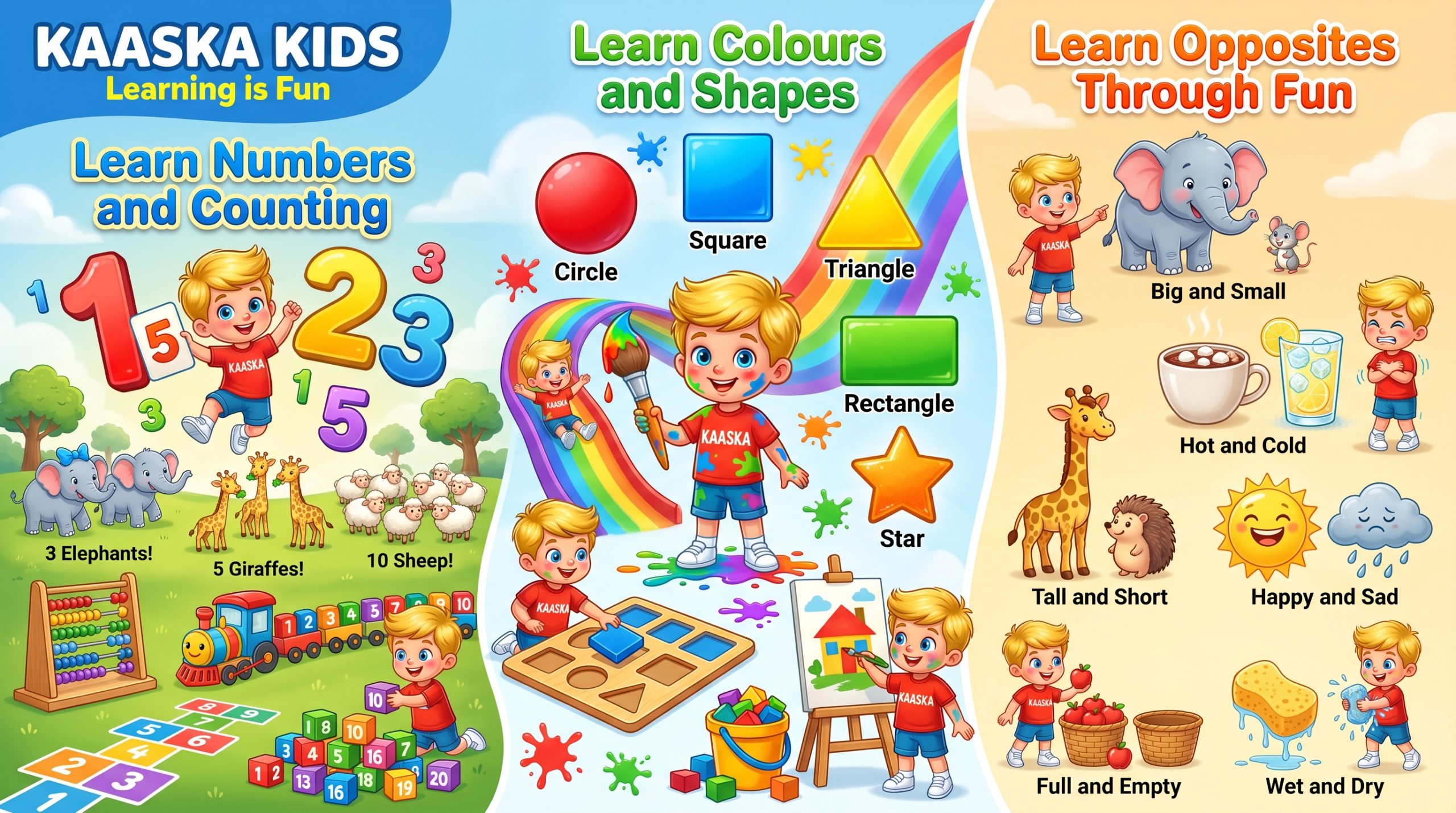 Kaaska Kids learning banner featuring number activities, counting games, colours, shapes, opposite concepts, preschool educational resources, and interactive learning activities for children.