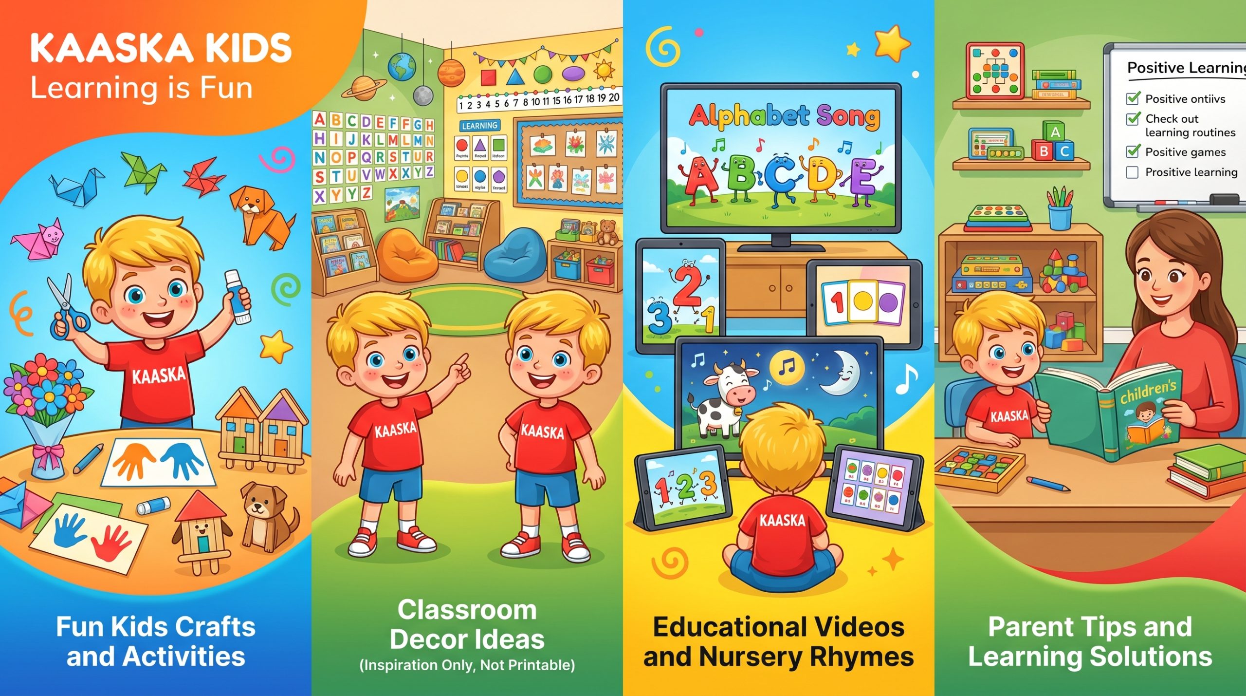 Kaaska Kids banner showcasing kids crafts, classroom decor ideas, educational videos, nursery rhymes, learning activities, parenting tips, and creative resources for young children.